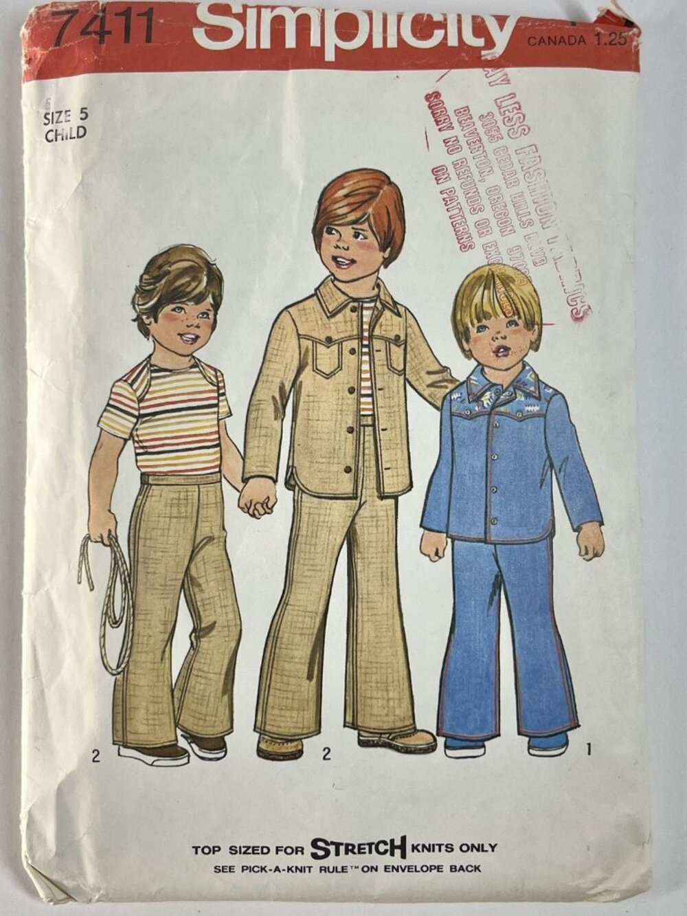 VTG Simplicity7411 Bell-Bottom Pants & Shirt Jacket Size 5 Child Sewing Pattern